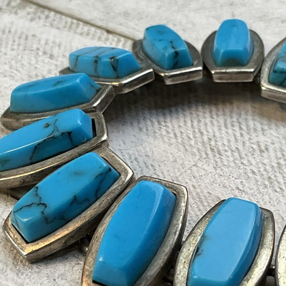 Taxco Mexico Sterling Silver 925 Vintage Turquoise Panel Link Bracelet 61.4g - Picture 6 of 12